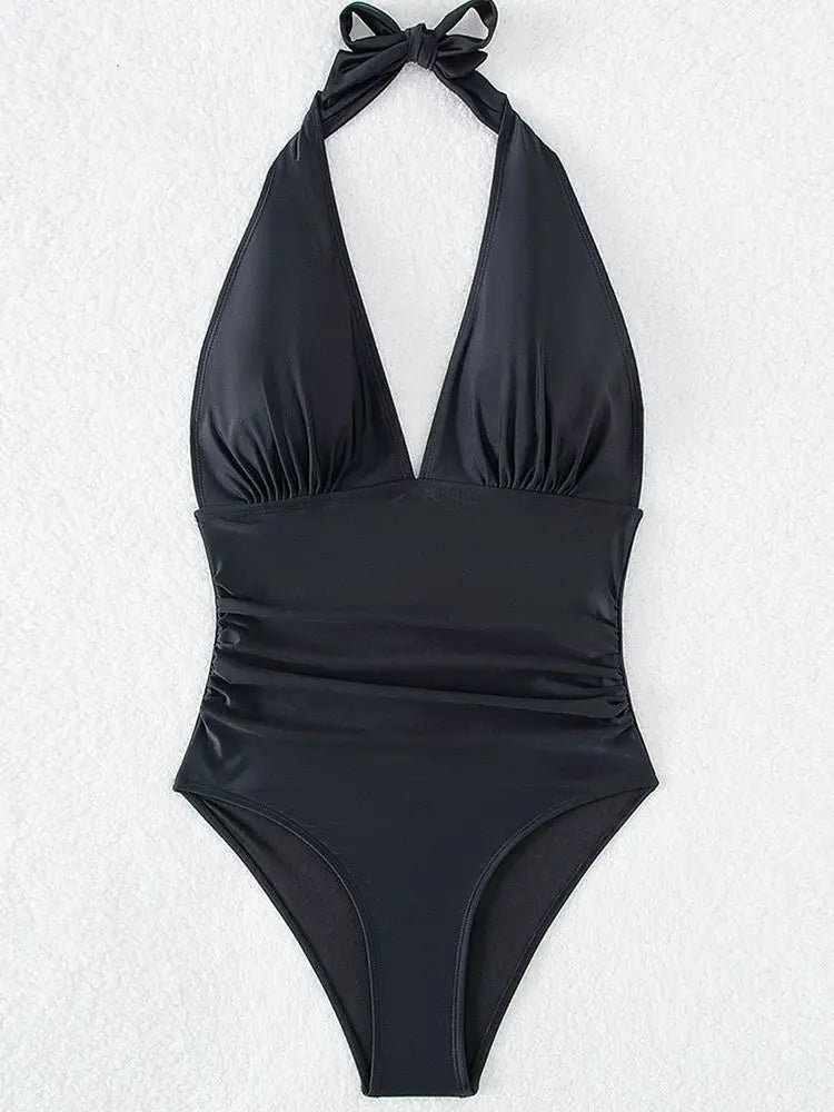 Solid Halter Tied Swimwear Women V Neck Push UP High Cut Swimsuit One Piece Backless Summer Bathing Suit