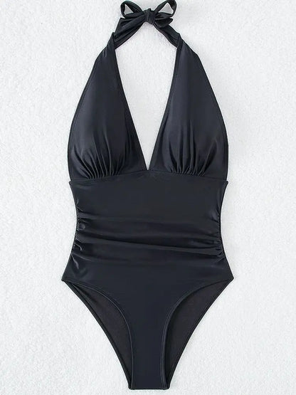 Solid Halter Tied Swimwear Women V Neck Push UP High Cut Swimsuit One Piece Backless Summer Bathing Suit