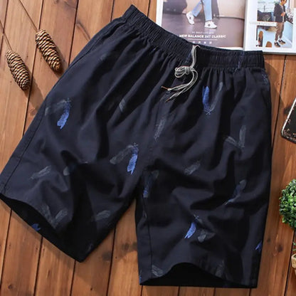 Cotton Shorts Men Breathable Thin Feather Print Pocket Elastic Waist Korean Loose Casual Sports Beach Short Pants 5XL