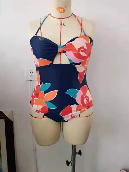 Print Push Up Plus Size Swimwear Women Tied Halter Large Big One Piece Swimsuit Curvy Brazilian Bathing Suit