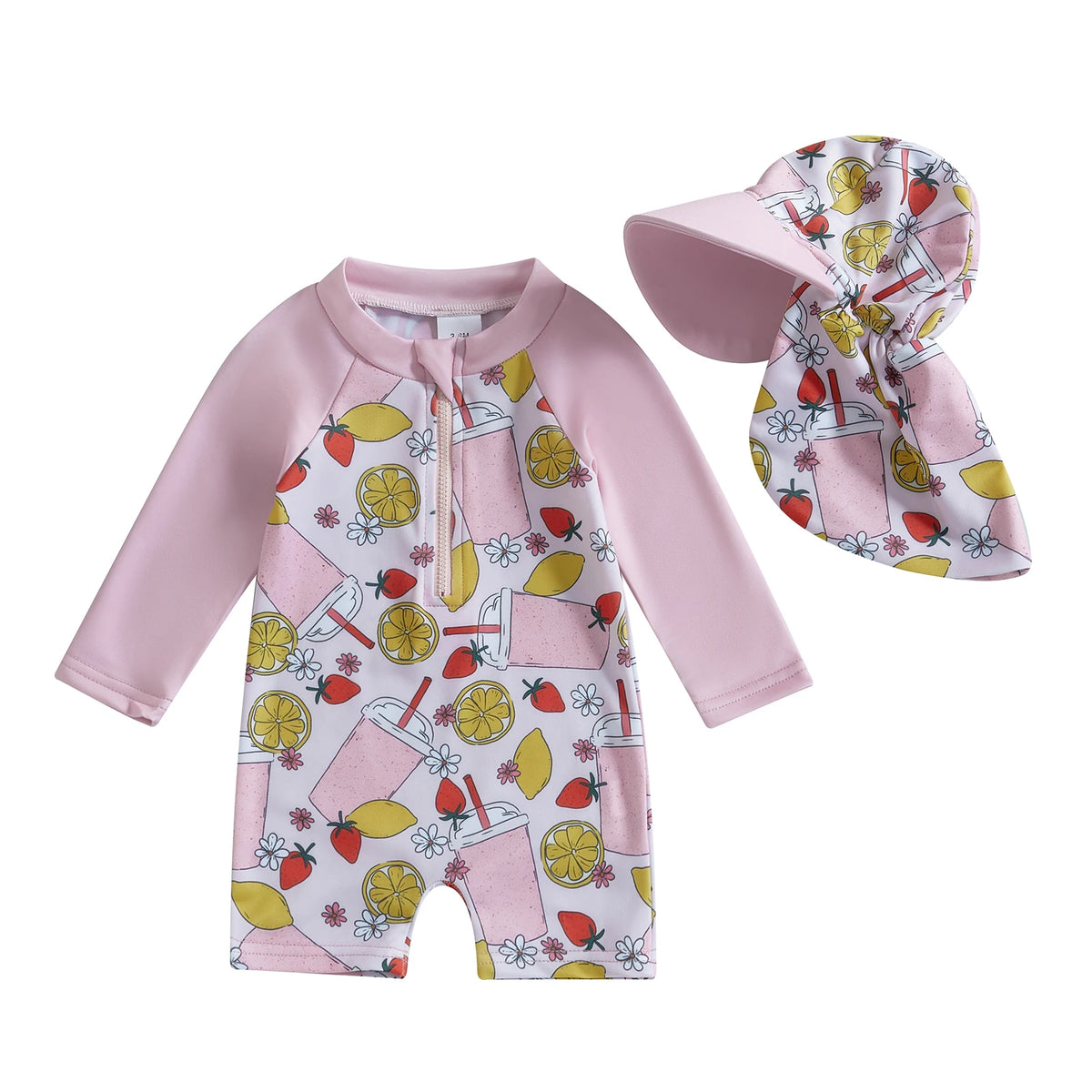 Kids Baby Girls Swimwear Bathing Suit Princess Rash Guard Infant Swimsuit Ice Cream Print Long Sleeve Swimwear + Hat