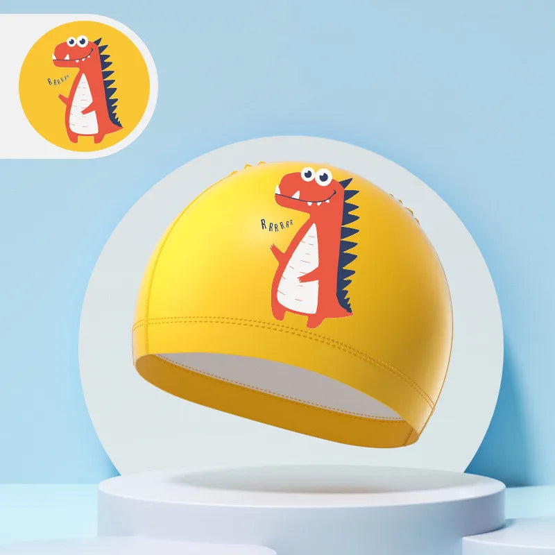 Children's Swimming Caps Boys Girls Kids Cartoon Swim Hat High Elastic Ear Protection PU Waterproof Swimming Cap