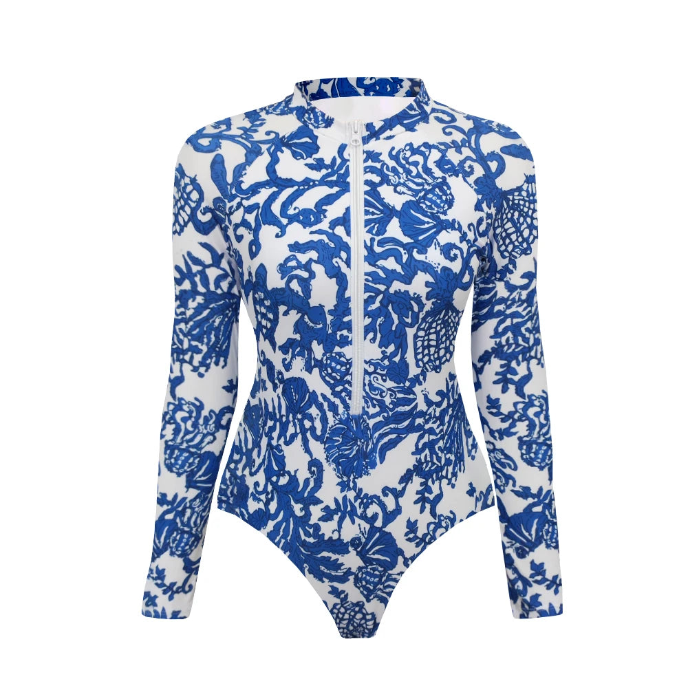 Surfing Sport Swimsuit Long Sleeves Women One Piece Swimsuit Swimwear Solid Monokini Bathing Suit Tropical Bodysuit Female