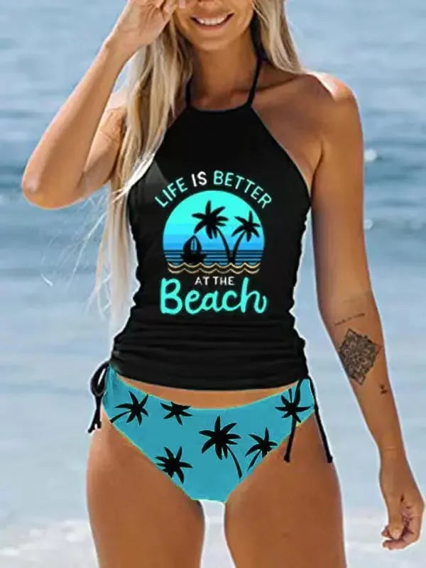 Women's Bathing Suit Coconut Drawstring Side Halter Neck Tankini Set Beach Wear Cute Swimwear Fashion Split Swimsuit