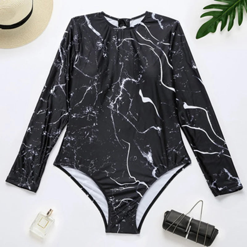 Women's Swimsuit Long Sleeve Swimsuit Floral Swimwear One Piece Sun Protection Zipper Surf Swiming Lady Female Beach Suit