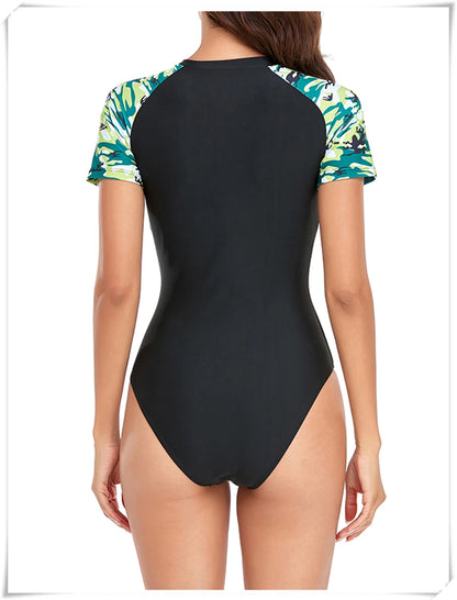 Short Sleeve Zipper One Piece Swimsuit Zebra Print Swimwear Women Diving Clothes Surfing Beachwear Bathing Swimming Suit