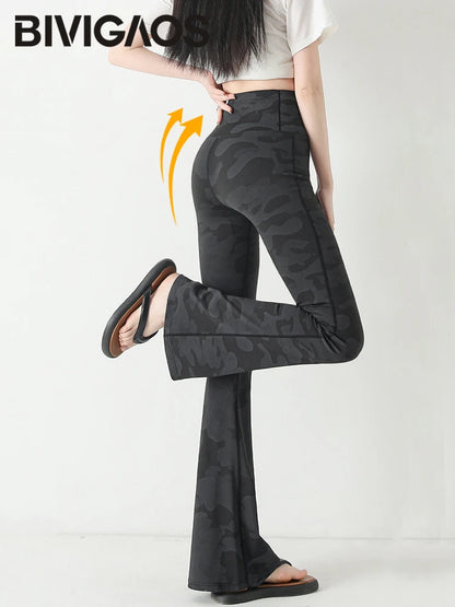Spring/Summer Thin Camouflage Sharkskin Flared Leggings Women Fashion Tight Slimming Elastic Flared Pants