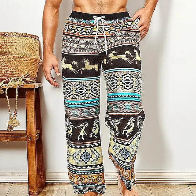 Men's Casual Patchwork Print Drawstring Straight-Leg Pants Relaxed Fit Hawaiian Vacation Trousers Comfortable And Breathable