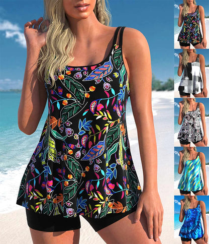 Women's Tankini Two Piece Swimwear Colorful Leaf Print Lace Up Beach Dress S-6XL