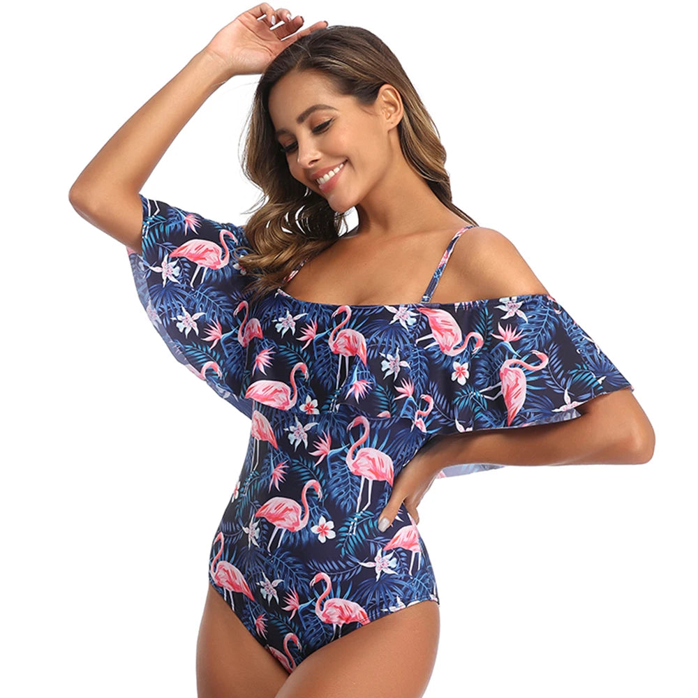 Ruffled Off Shoulder Swimwear Women One Piece Swimsuit Backless Printed Monokini Bodysuit Beachwear Bathing Suit Plus Size XXL