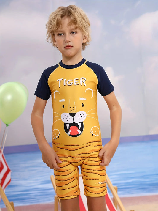 Tiger Children's One-piece Swimsuit, Children's Short-sleeve Zip-up Swimsuit, Cartoon Pattern Quick-drying Surfing Suit