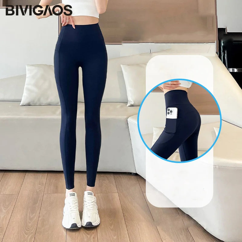 Side Pocket Sharkskin Leggings Women High Waist Tight Fitness Yoga Leggings Push Up Running Leggings