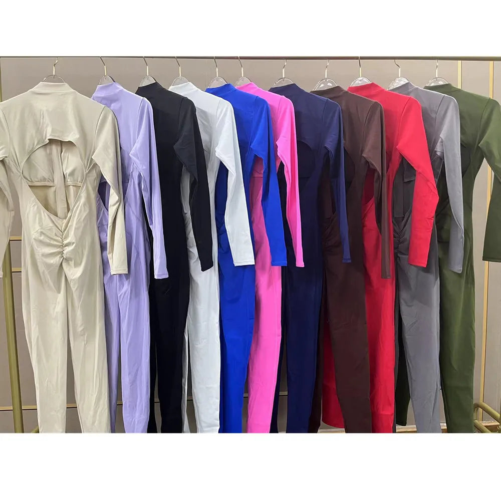 Women Long Sleeve Zipper Jumpsuit One-Piece Zipper Yoga Set Gym Push Up Workout Clothes Fitness Bodysuit Sportswear
