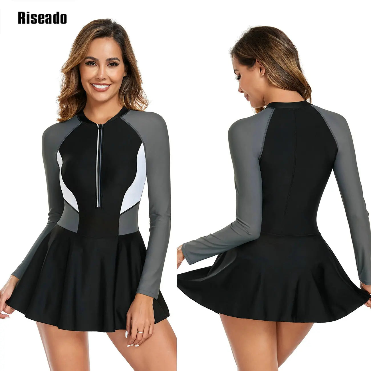 Women's Swim dress with Boy Shorts Rash Guard Long Sleeve Swimsuit Modest Zipper Bathing Suit Swimwear Big Size