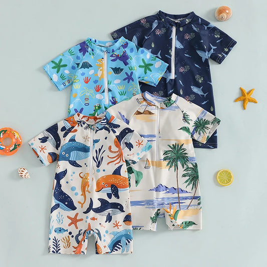 0-3Years Toddler Boy Girl Swimsuit Cartoon Shark Print Swimwear Short Sleeve Mock Neck Zip Up Rash Guard Bathing Suits