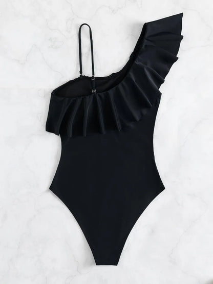 One Shoulder Strappy One Piece Swimsuit Women Ruffle Swimwear Female Mesh Monokini Bathers Bathing Swimming Suit Beachwear