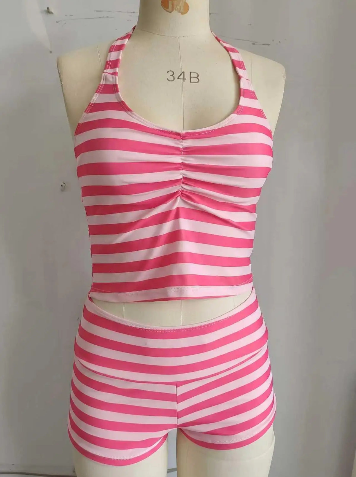 Striped Halter Tankini Set – 2-Piece Ruched Top & Boyshort Swimsuit