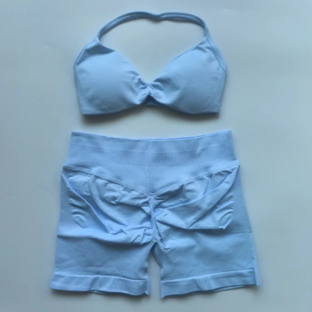 2PCS Gym Set Women Strappy Yoga Bra Top High Waist Workout Scrunch Shorts Sports Suit Seamless Yoga Set Fitness Clothes