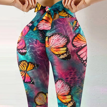 High Waist Bowknot Leggings Butterfly Print Yoga Pants Bandage Tights for Women Push Up Exercise Fitness Workout Legging