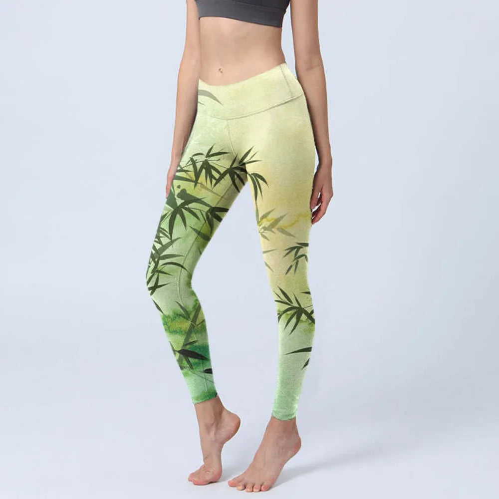 High Waisted Yoga Pants Leggings for Women Bamboo Print Workout Tights Non-See Through Gym Fitness Running Athletic Wear