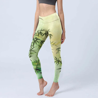 High Waisted Yoga Pants Leggings for Women Bamboo Print Workout Tights Non-See Through Gym Fitness Running Athletic Wear