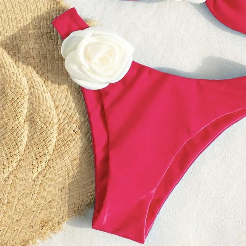 Flower Bandeau Swimwear Thong Bikini Women Lace-up Swimsuits Swimming Bathing Suit Brazilian Bikinis Set