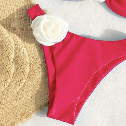 Flower Bandeau Swimwear Thong Bikini Women Lace-up Swimsuits Swimming Bathing Suit Brazilian Bikinis Set