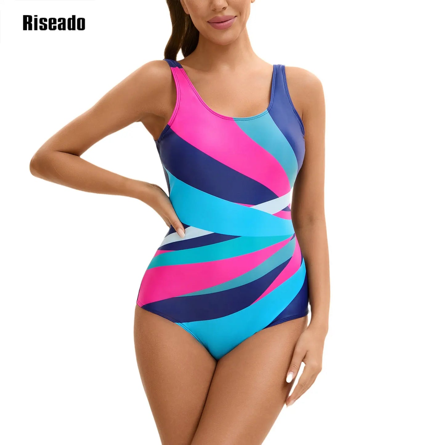 One Piece Swimsuit Athletic Bathing Suits Training Sport Swimwear for Women Color Block Monokini Multicolor