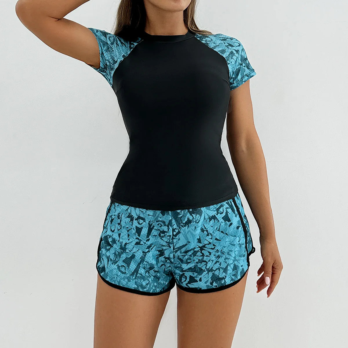 Rash Guard Swimsuit for Women 2 Piece Swimsuit High Waist Tankini Short Sleeve Round Neck Patchwork Bikini Set Swimwear