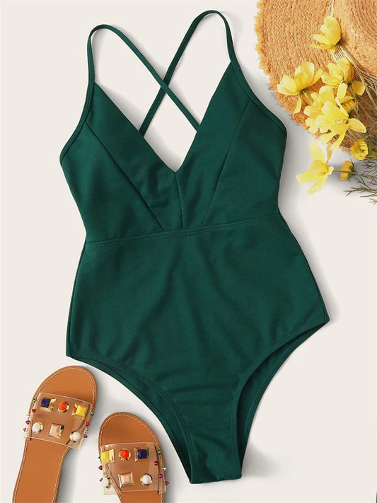 One Piece Swimsuit Women Green Sling V Neck Swimwear Bodysuit Monokini Summer Backless Beach Bathing Suit Female