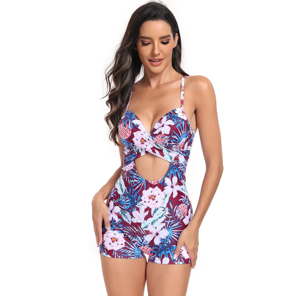 Women Swimwear Hollow Out One Piece Swimsuit V Neck Mesh Tummy Control Boy leg Bathing Suit Female Monokini