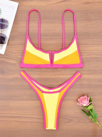 S - XL Splicing V Shaped High Leg Cut Bikini Female Swimsuit Women Swimwear Two-pieces Bikini set Bather Bathing Suit Swim