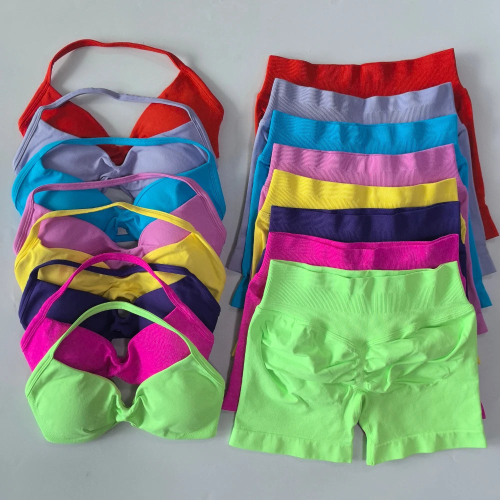 2PCS Gym Set Women Strappy Yoga Bra Top High Waist Workout Scrunch Shorts Sports Suit Seamless Yoga Set Fitness Clothes