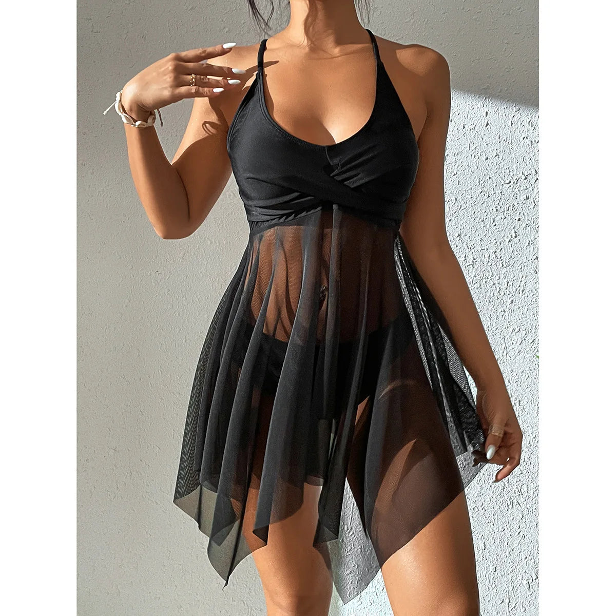VigoCasey Solid Strapped Swimwear Women Mesh Patchwork Tankini Set Backless Push Up Swimsuit Summer Beach Bathing Suit