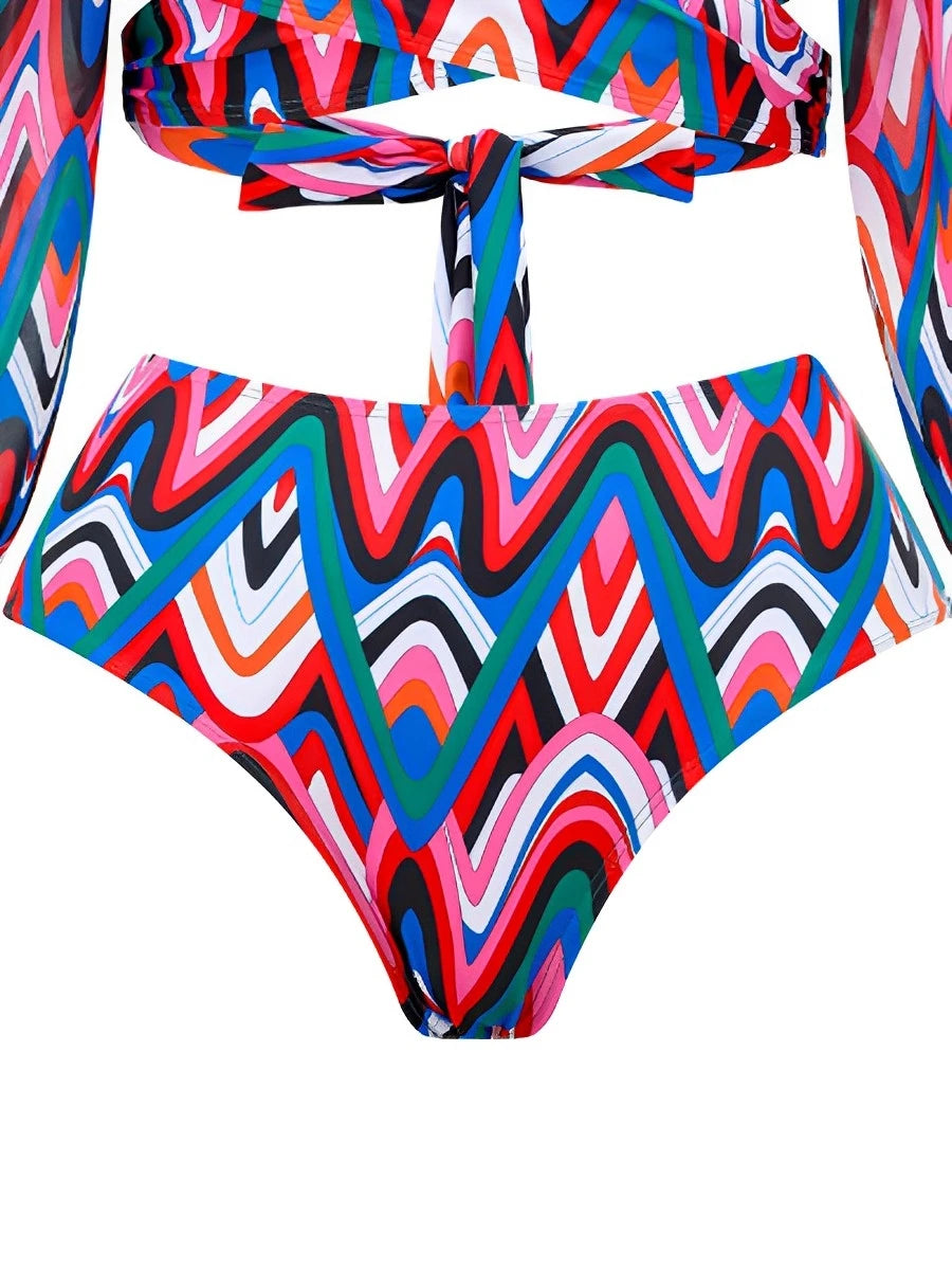 Cross Long Sleeve 2 Piece Bikini Women Swimsuit Female Padded Swimwear Bathers Bathing Swimming Swim Suit Summer Beachwear