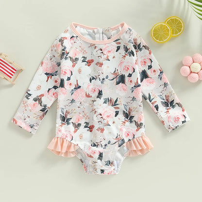 0-4Y Toddler Baby Girl Swimsuit Romper 4 Colors Flower Print Long Sleeve Ruffle Bikini Bathing Suit