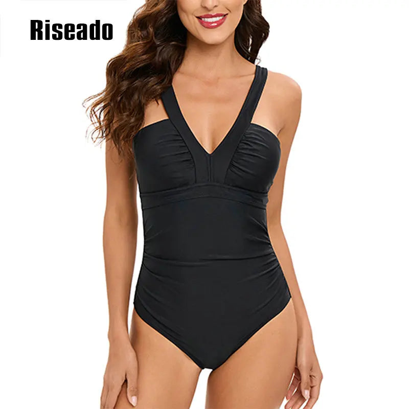 One Piece Swimsuits Tummy Control Bathing Suits for Womens V Neck Ruched Push Up Slimming Swimwear Big Size