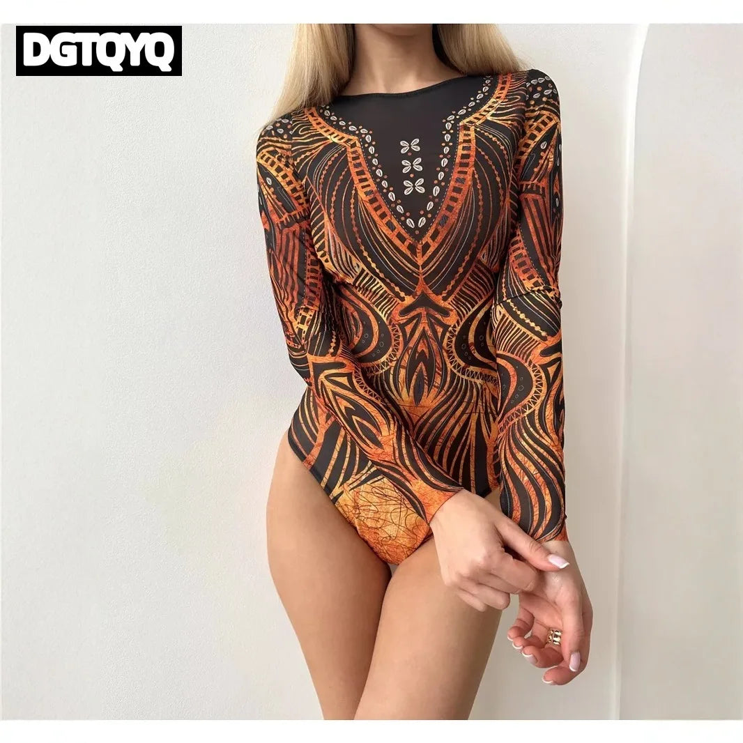 Women's Long-Sleeve Sheer One-Piece Swimsuit