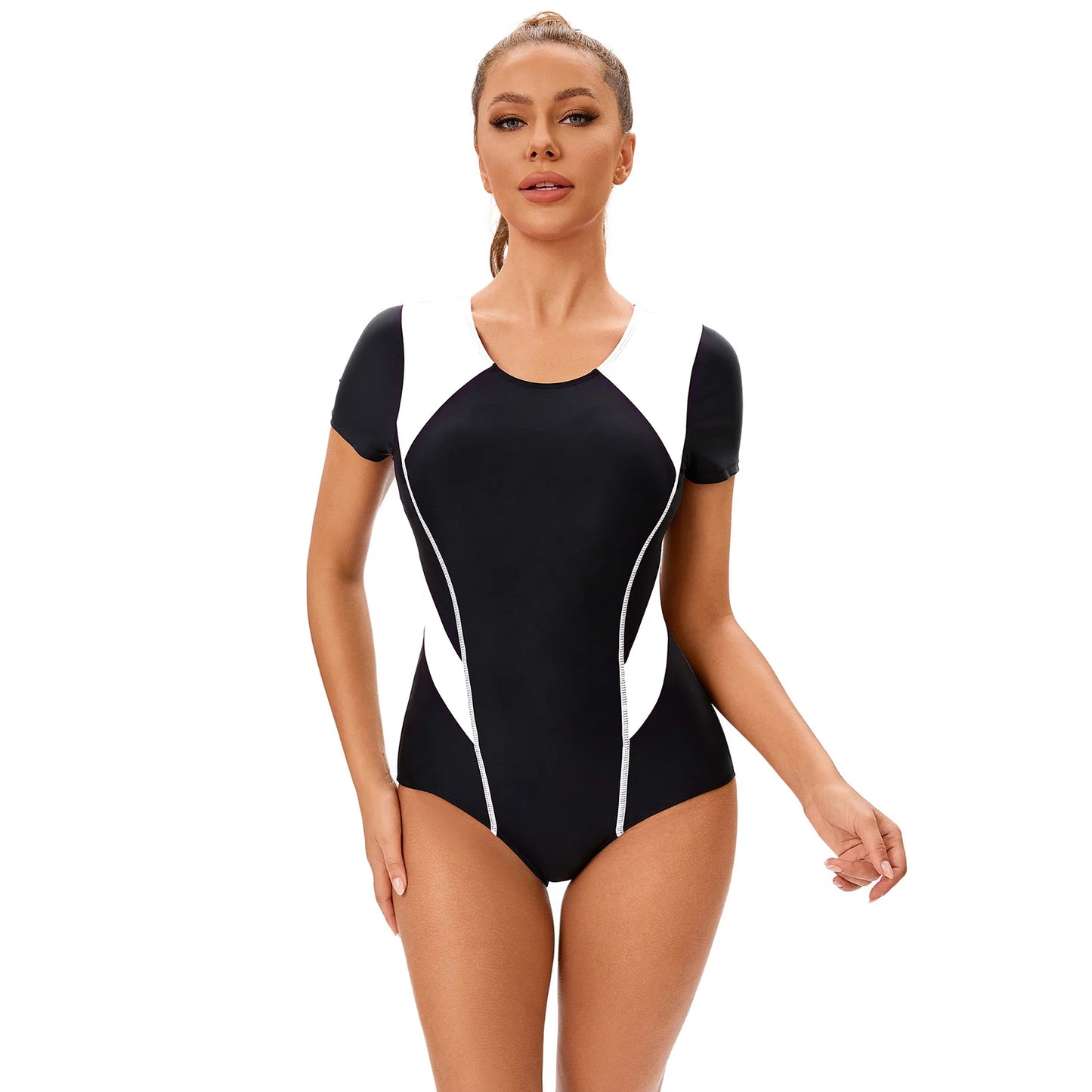 Womens One Piece Swimsuit Short Sleeves Back Zipper Bodysuit Beachwear Color Block Athletic Swimwear Beachwear Bathing Suits