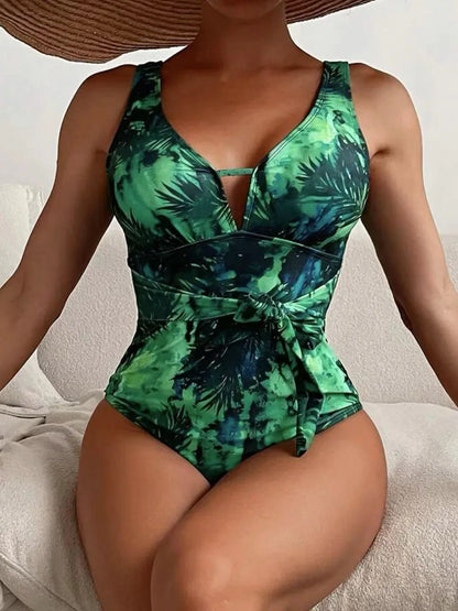 V-neck One Piece Swimsuit Women Printed Swimwear Female Beachwear Bathers Bathing Swimming Swim Suit