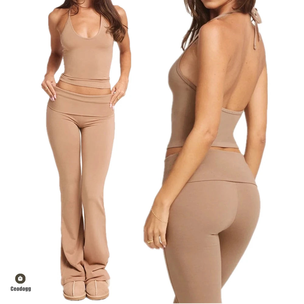 Women Folden Waist Yoga Pant Bell-bottoms Tights Gym Leggings Sport Wide Leg Fitness Leggings Workout Running Active Wear