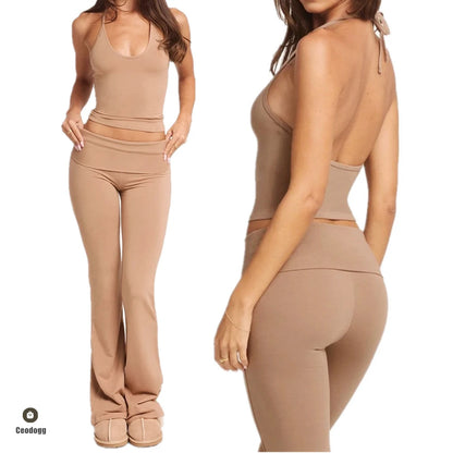 Women Folden Waist Yoga Pant Bell-bottoms Tights Gym Leggings Sport Wide Leg Fitness Leggings Workout Running Active Wear