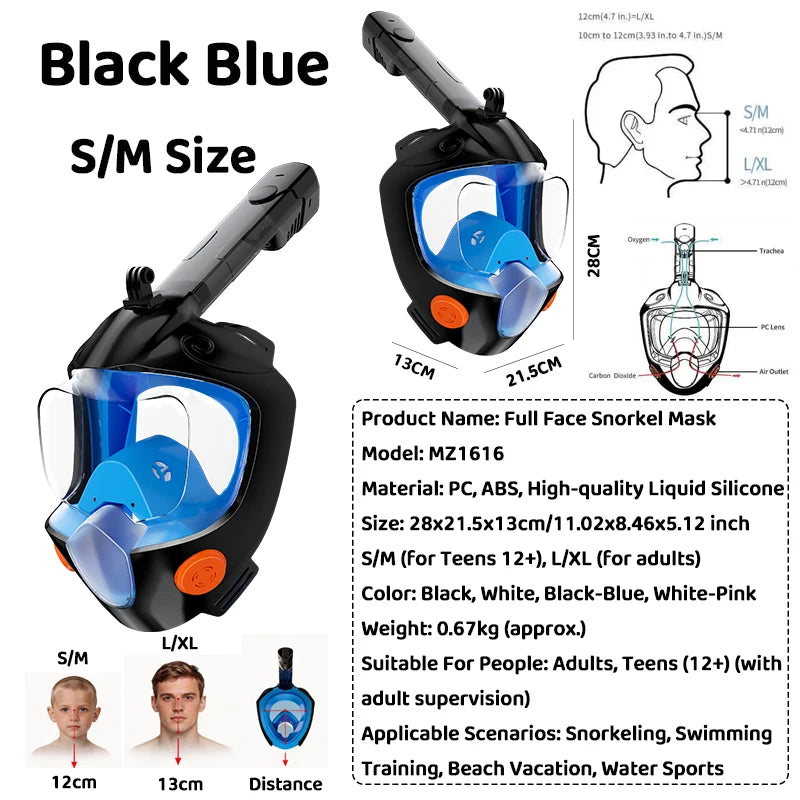 Full Face Snorkel Mask - Dry Snorkel , Anti-Fog , Leak-Proof  Panoramic View Swimming Diving Beach Water Sports for Adults Teens