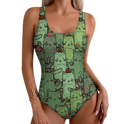 Funny Cat Swimsuit Colorful Cats Pop Art Swimwear One-Piece Fitness Bodysuit Cut Out Bathing Suits Ladies Push Up Beachwear