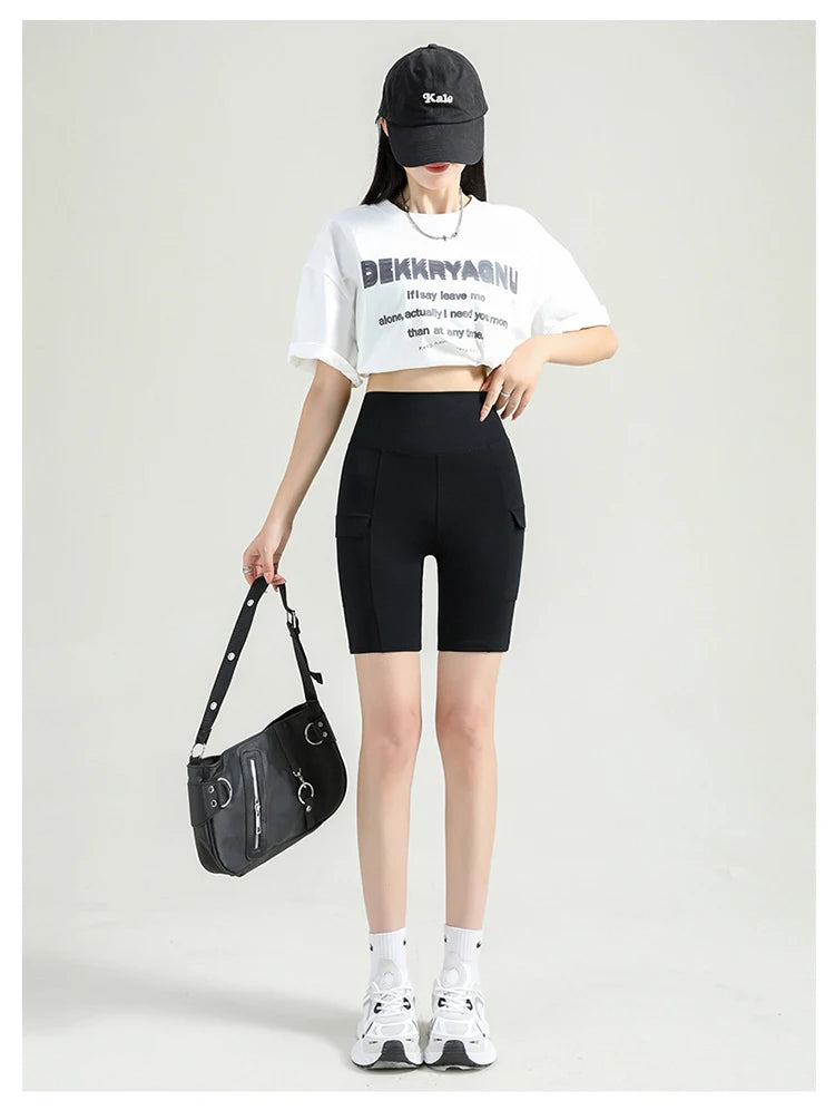 BIVIGAOS Summer New Cargo Pocket Shark Shorts Women's Sport Fitness Cycling Shorts High Waist Running Tight Biker Short Leggings