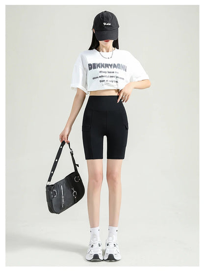 BIVIGAOS Summer New Cargo Pocket Shark Shorts Women's Sport Fitness Cycling Shorts High Waist Running Tight Biker Short Leggings