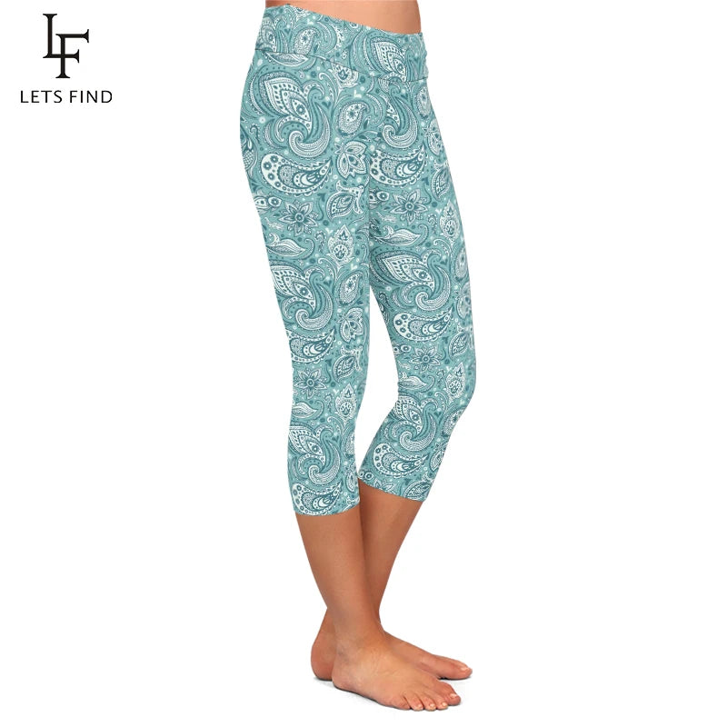 Women's High-Waisted Printed Capri Leggings – Turquoise
