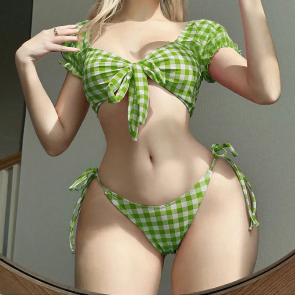Checkered Two-Piece Swimsuit Bikini Girl Plaid Tie Swimwear Beach Vacation Swimsuit for Women
