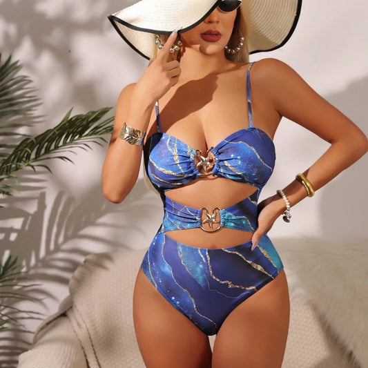 Print Blue Swimsuit One Piece Swimwear Women Bathers Cut Out Bathing Swimming Swim Suit Female Bandeau Beach Wear