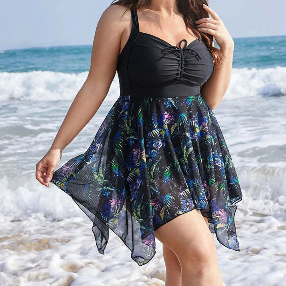Tankini Women's Print Plus Size Swimsuit Backless Two Piece Swimwear Cross Tie Beachwear Transparent Skirt Bathing Suit